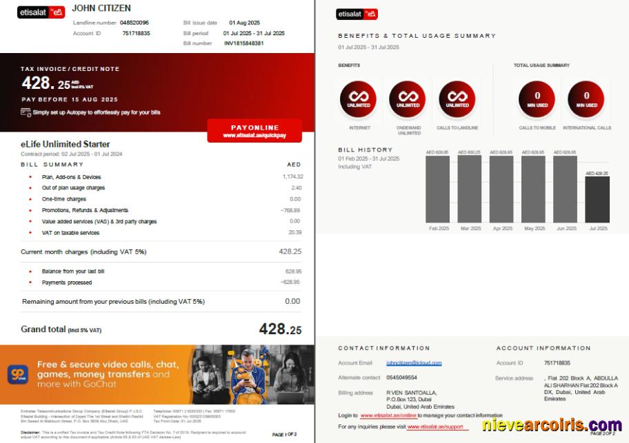 UAE Etisalat utility bill, 2 pages, version 3